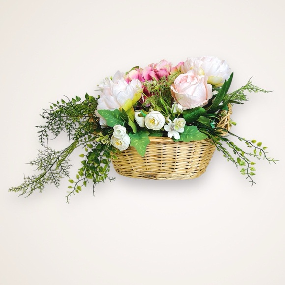 Pink/White Faux Floral Display in Handled Wicker Basket Decor - Picture 4 of 4